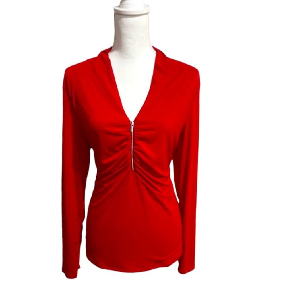 Boston Proper Rouched Front Half Zipper Christmas Valentine's Day  Red Top -  L